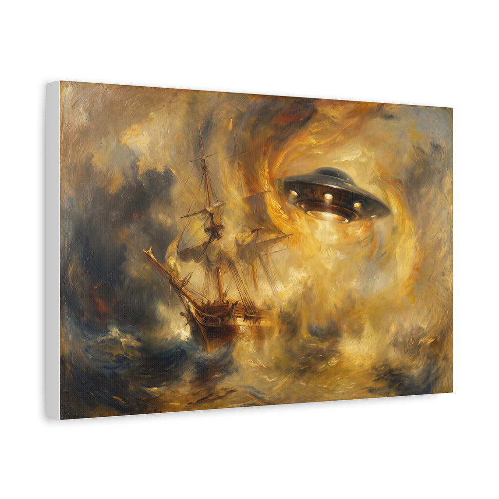 Glowing UFO eye and stormy sailboat on golden-gray canvas, large horizontal print