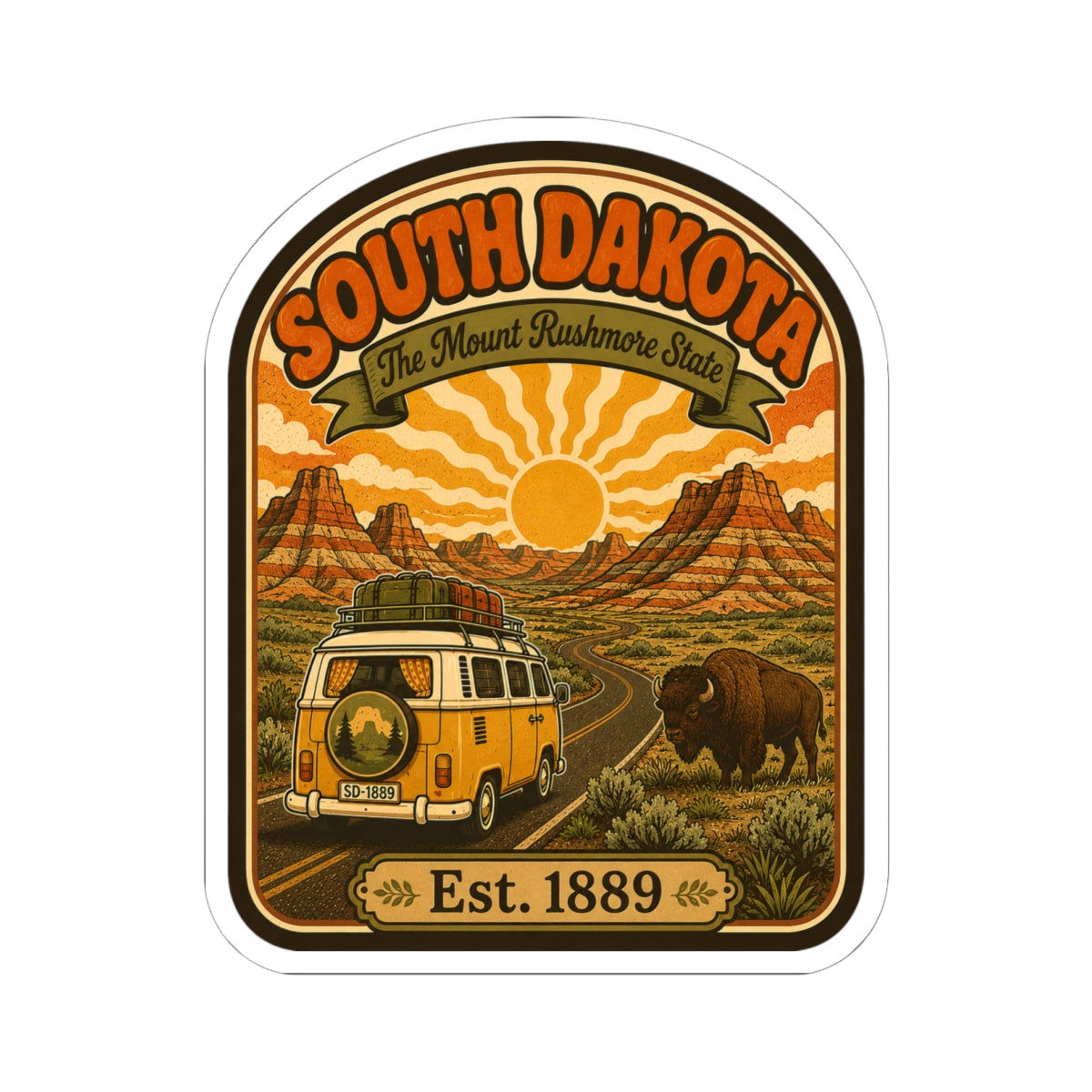Die-cut South Dakota sticker with retro orange sun, winding road, van, and Est. 1889.