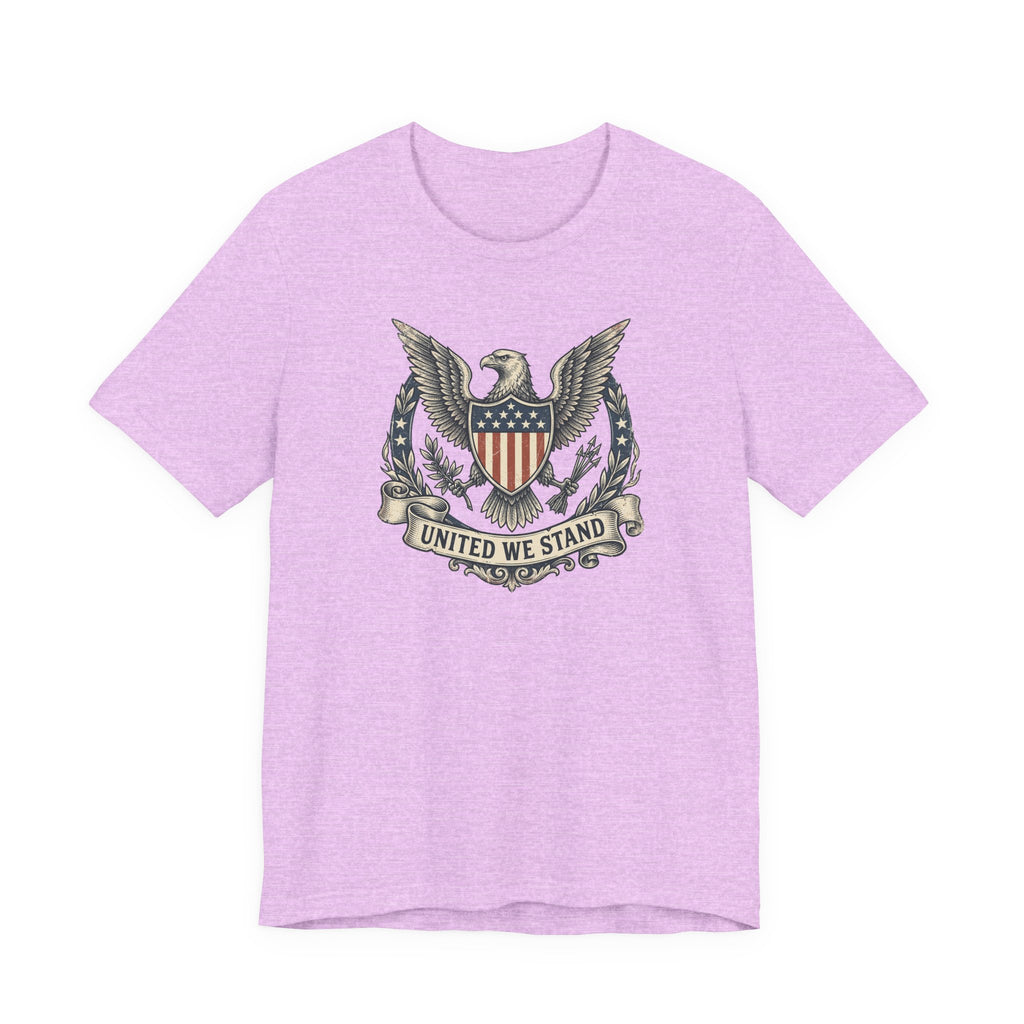 Lavender T-shirt with eagle shield crest graphic and "United We Stand" text