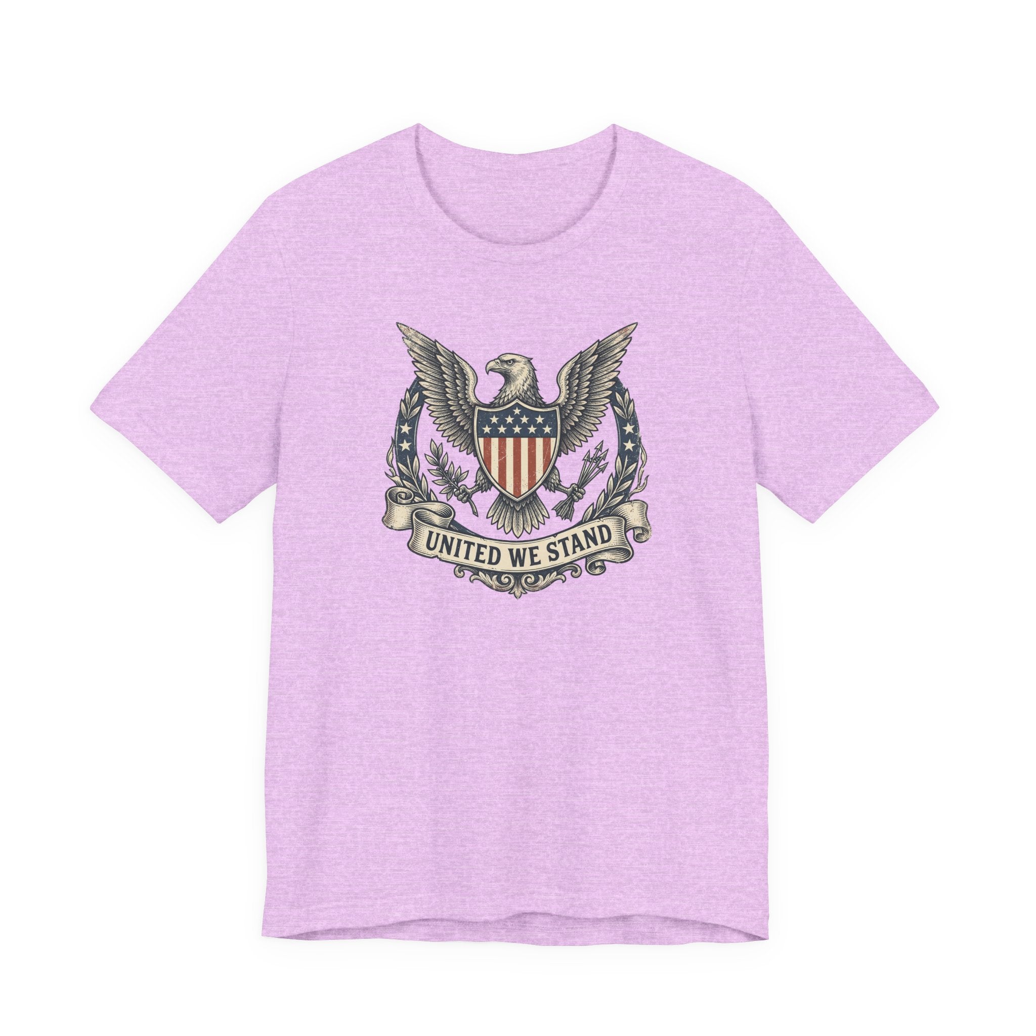 Lavender T-shirt with eagle shield crest graphic and "United We Stand" text
