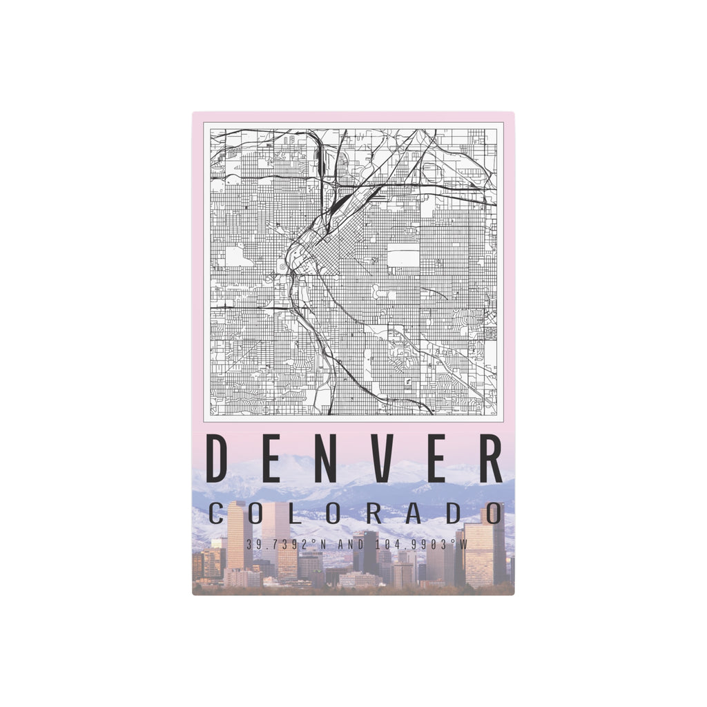 Denver Colorado metal wall art sign: map lines, skyline strip, coordinates text