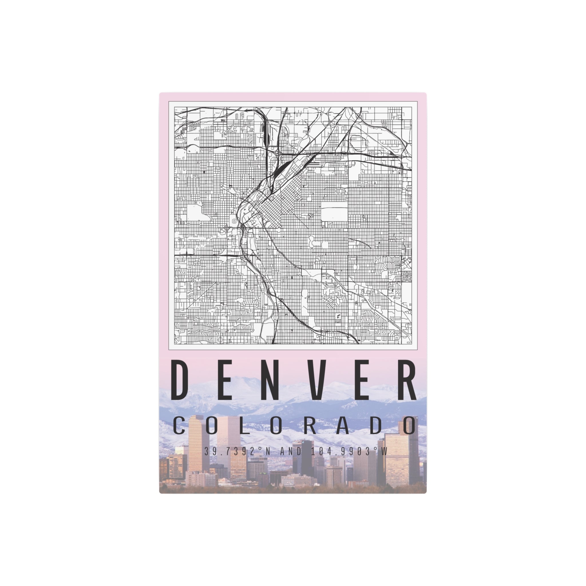 Denver Colorado metal wall art sign: map lines, skyline strip, coordinates text
