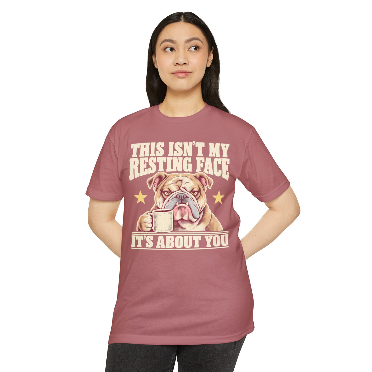 Women's maroon crewneck T-shirt with bulldog graphic and Its about you text
