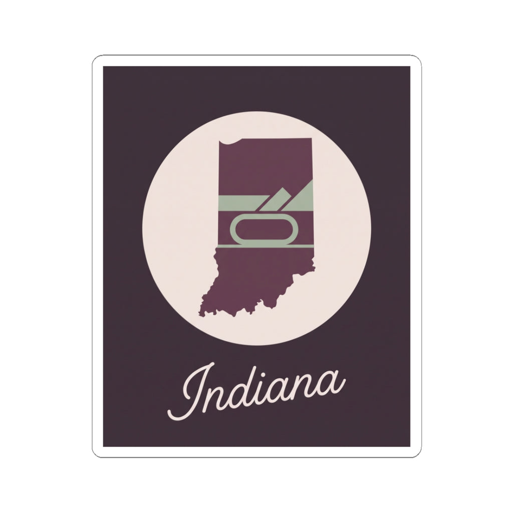 Square mauve vinyl decal with Indiana state silhouette in a white circle and “Indiana” script