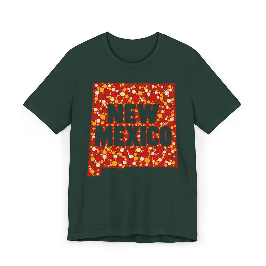 Dark teal short-sleeve T-shirt with colorful “New Mexico” patterned graphic front.