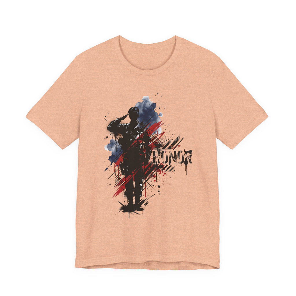Tan crewneck T-shirt with soldier silhouette and red-blue brushstroke graphic, front print.