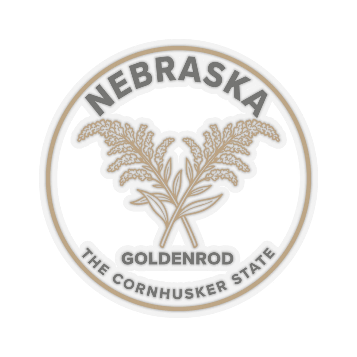 Circular transparent vinyl sticker with Nebraska goldenrod emblem and full round border