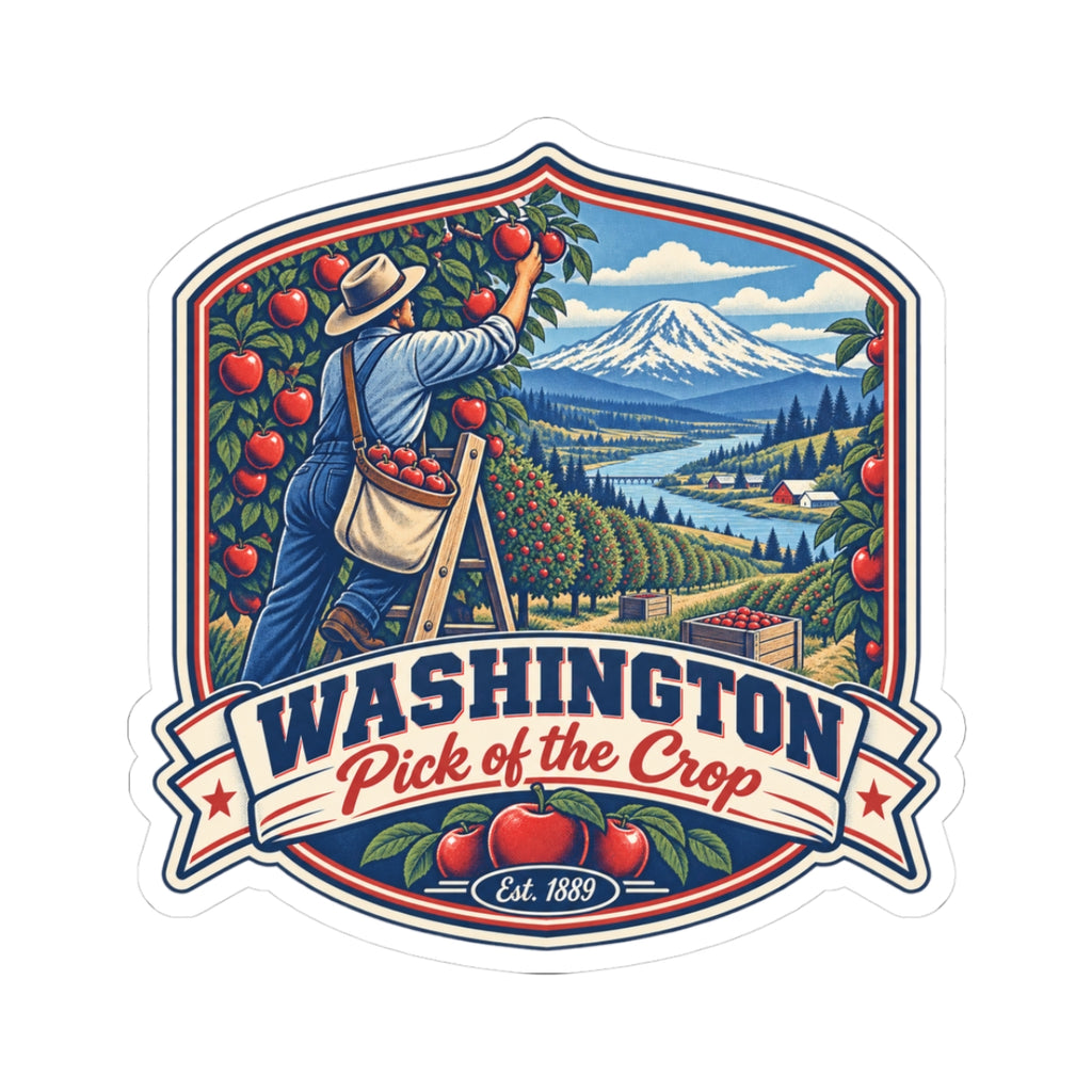 Washington Pick of the Crop kiss-cut sticker, apple orchard worker with mountain scenery
