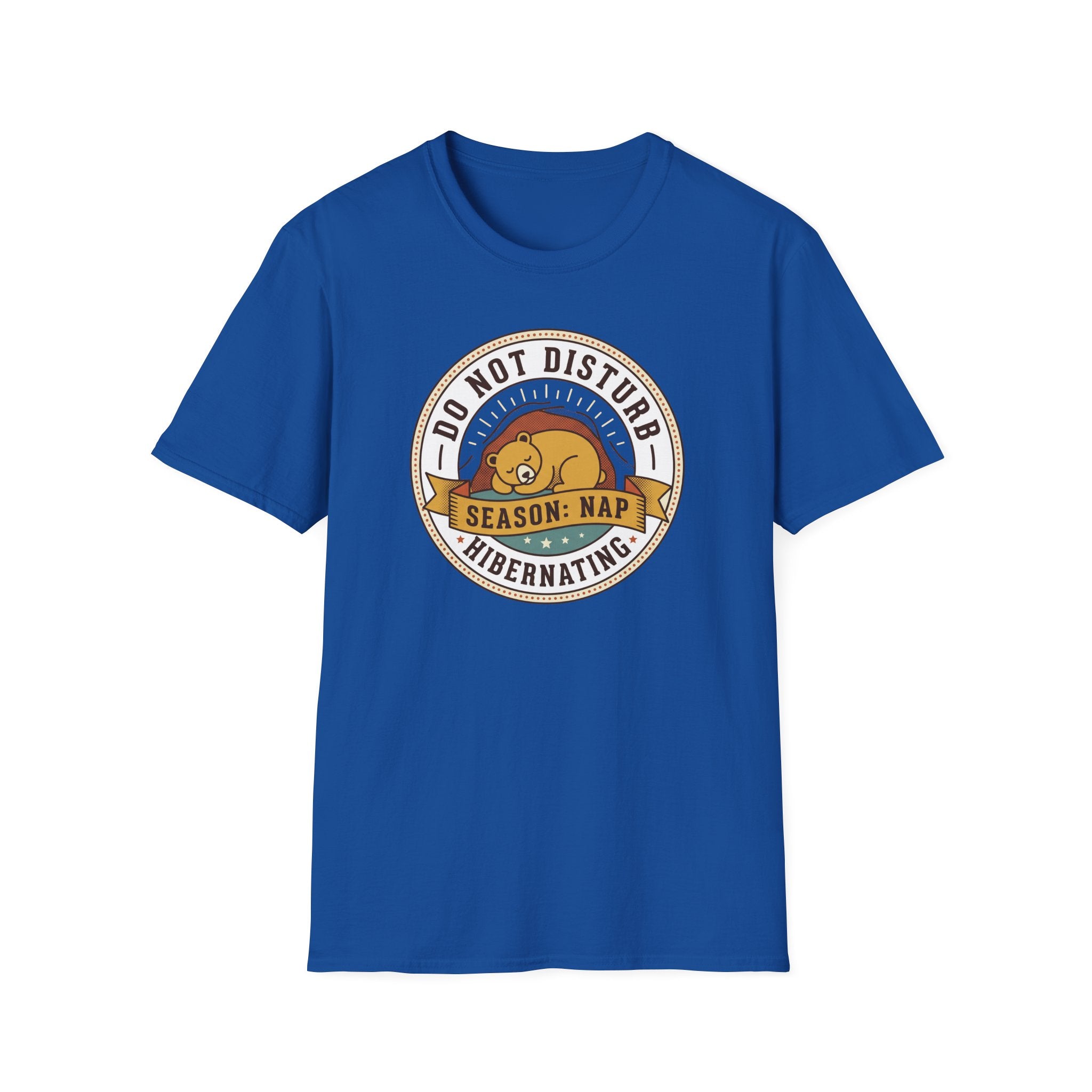 Royal blue nap T-shirt front with circular bear sleep graphic