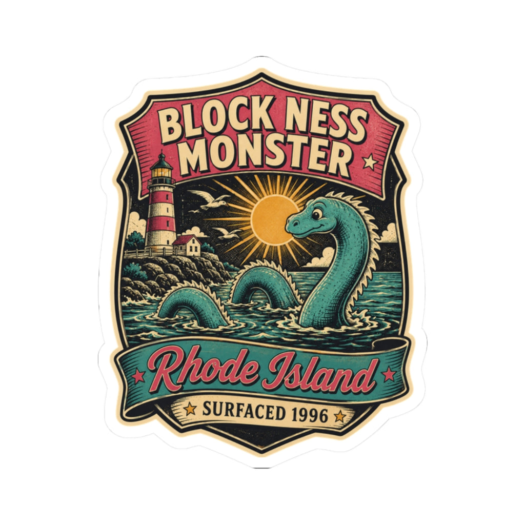 Shield-shaped vinyl sticker featuring teal sea monster, sunrise rays, and 'Rhode Island' label.