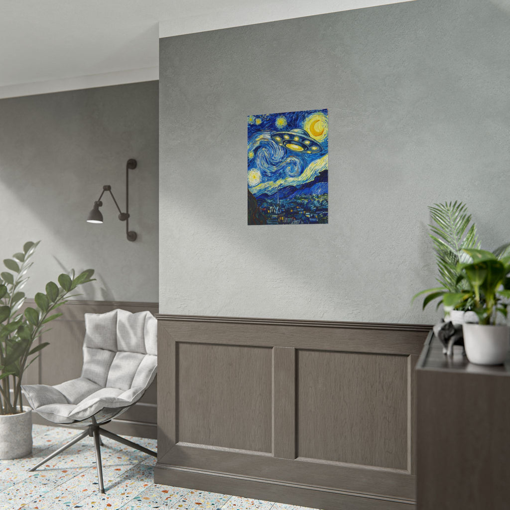 Square wall poster artwork with a glowing UFO, swirling blue sky, and bright yellow moon