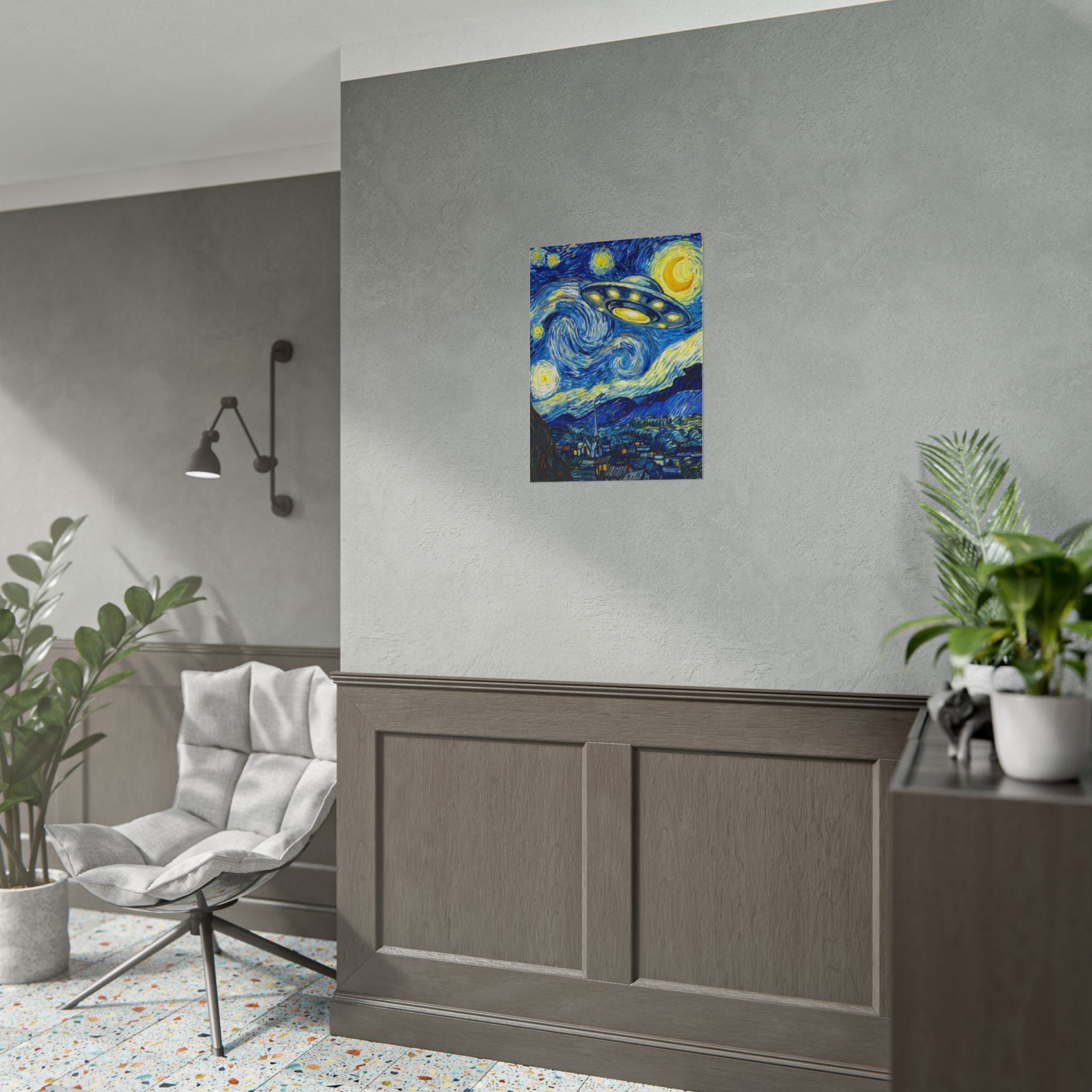 Square wall poster artwork with a glowing UFO, swirling blue sky, and bright yellow moon