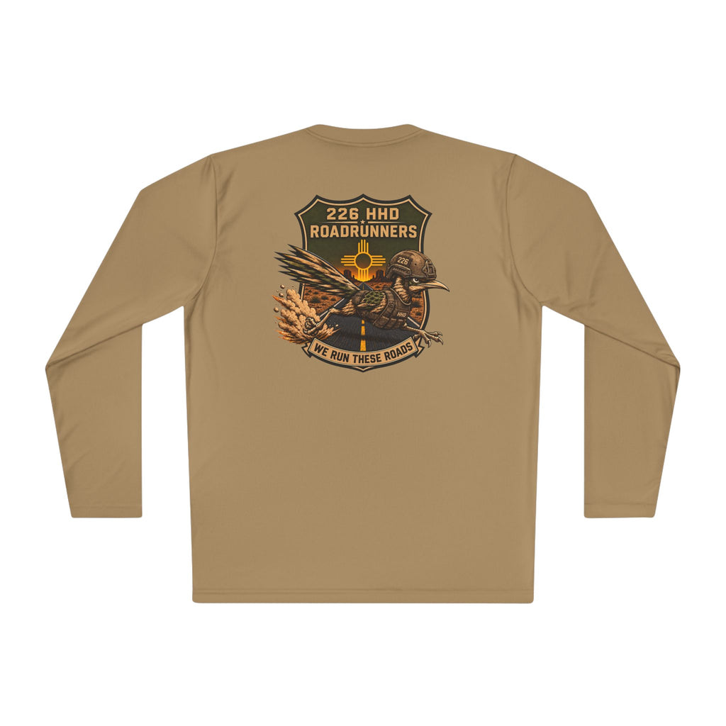 Coyote brown long-sleeve polyester tee, back graphic logo print