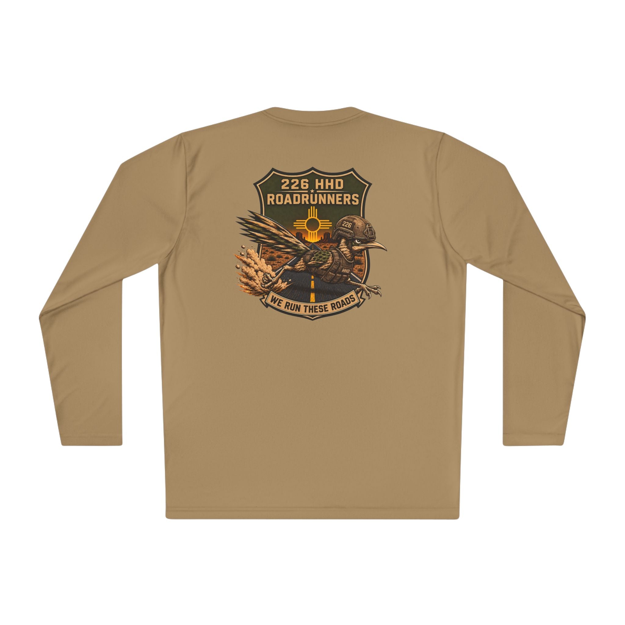 Coyote brown long-sleeve polyester tee, back graphic logo print