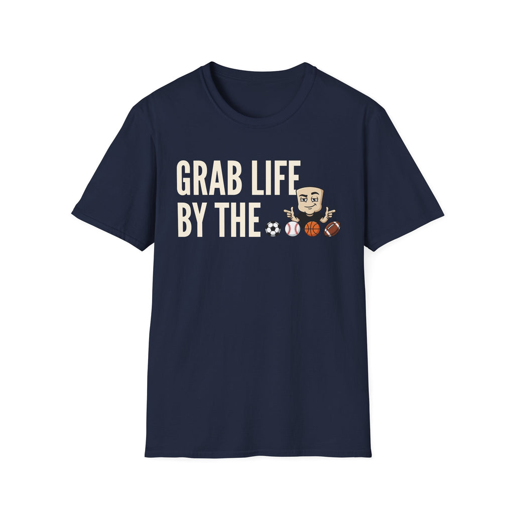Navy T-shirt front with 'GRAB LIFE BY THE' sports ball graphic