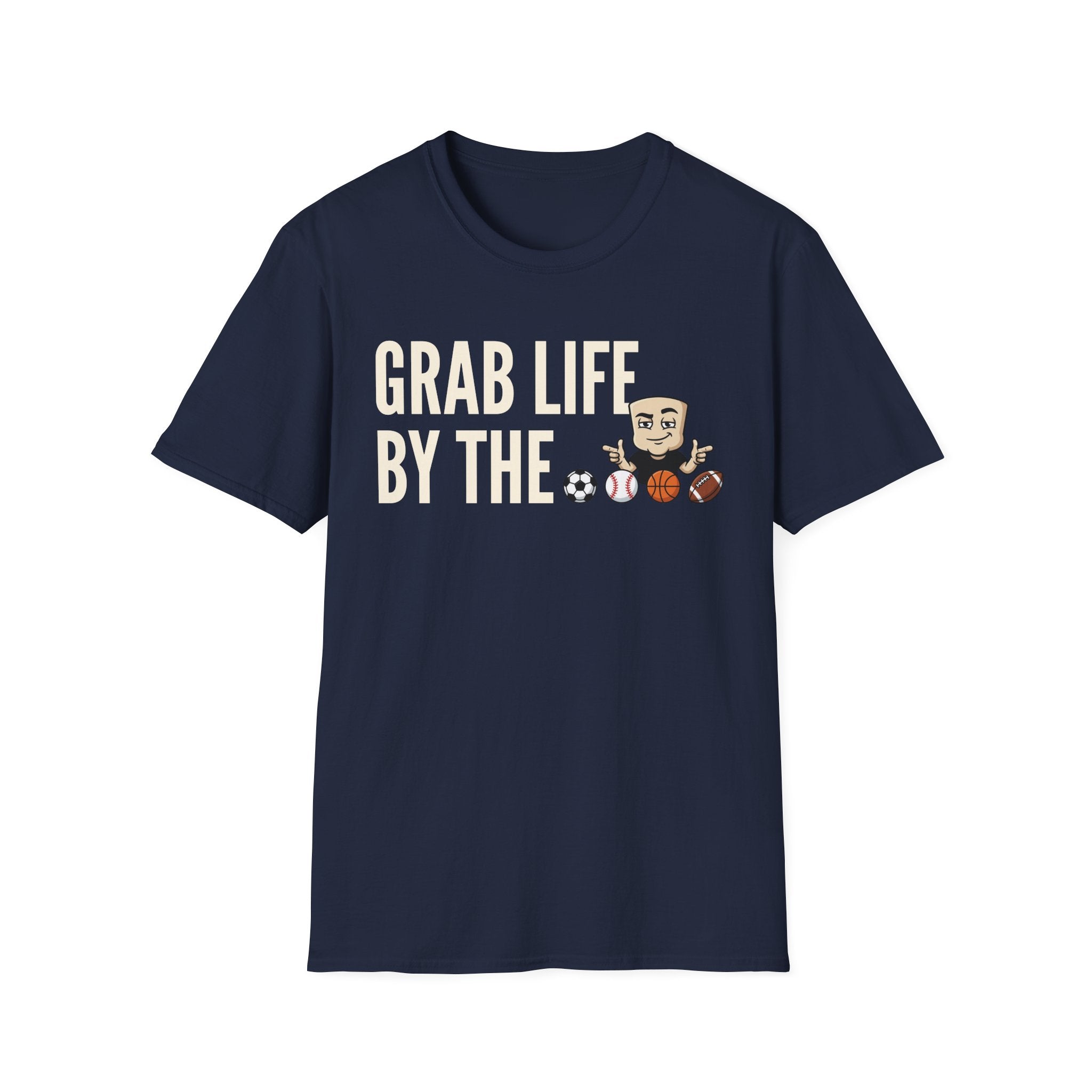 Navy T-shirt front with 'GRAB LIFE BY THE' sports ball graphic
