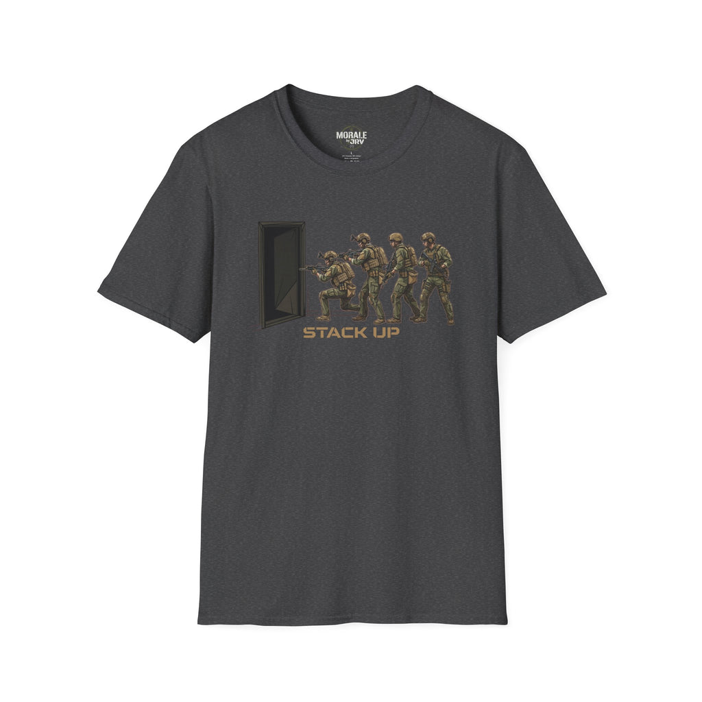 Charcoal T-shirt with dark 'Stack Up' soldier team graphic