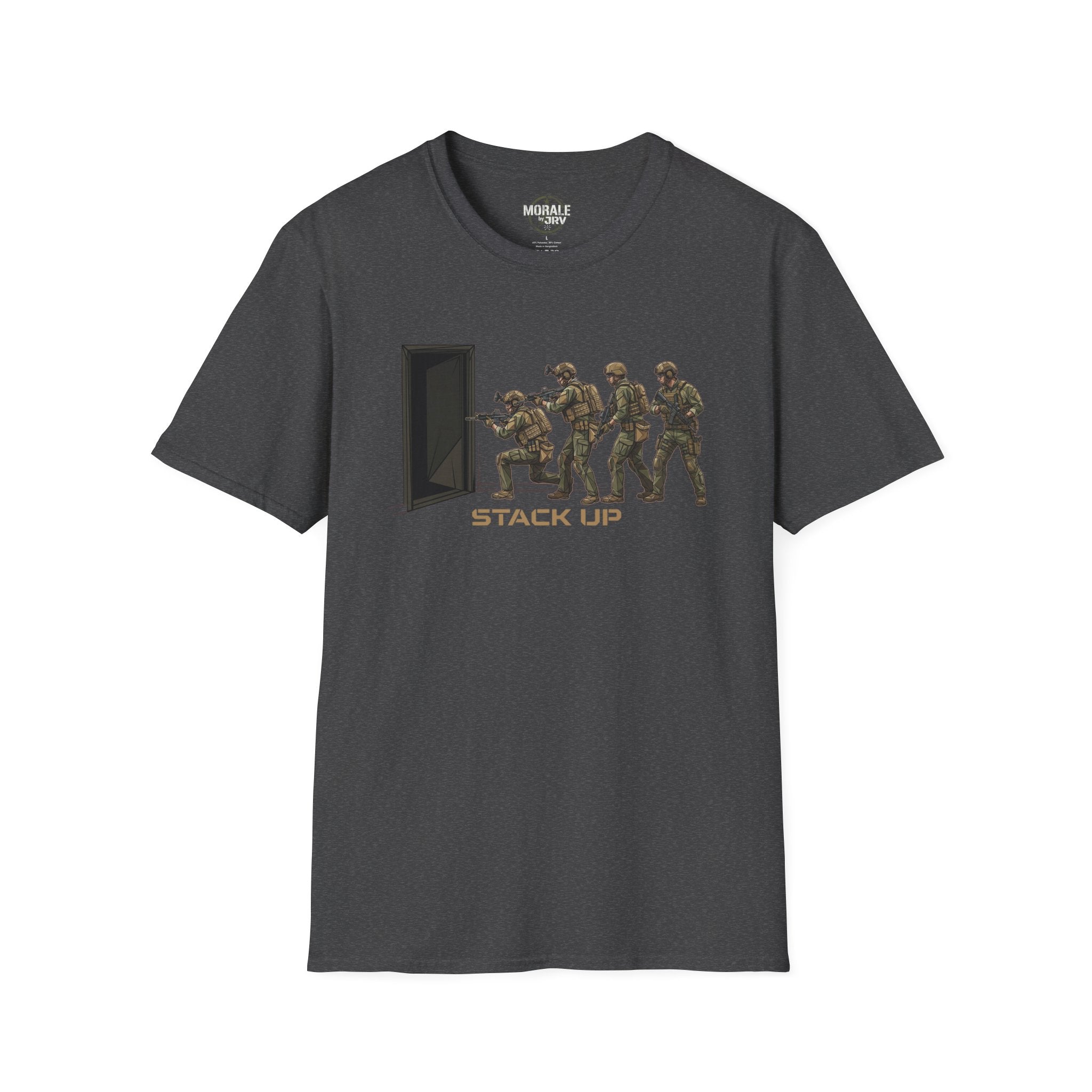 Charcoal T-shirt with dark 'Stack Up' soldier team graphic