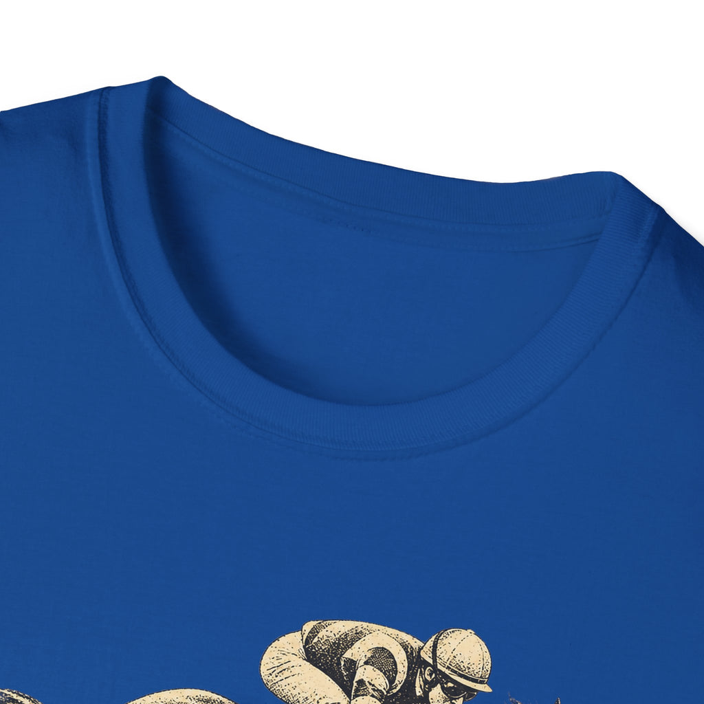 Royal blue crew-neck T-shirt neckline with partial gold horse racing graphic