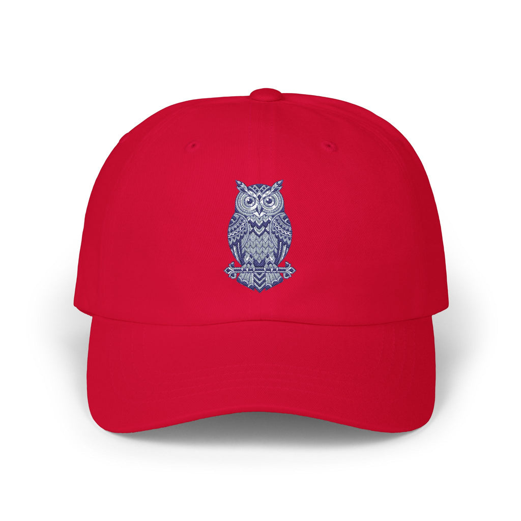 Cranberry red owl-embroidered dad cap with curved brim and stitched crown vents
