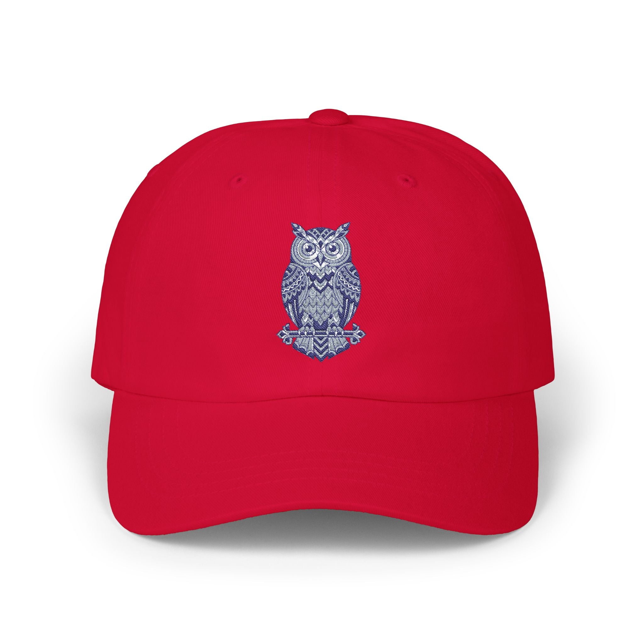 Cranberry red owl-embroidered dad cap with curved brim and stitched crown vents