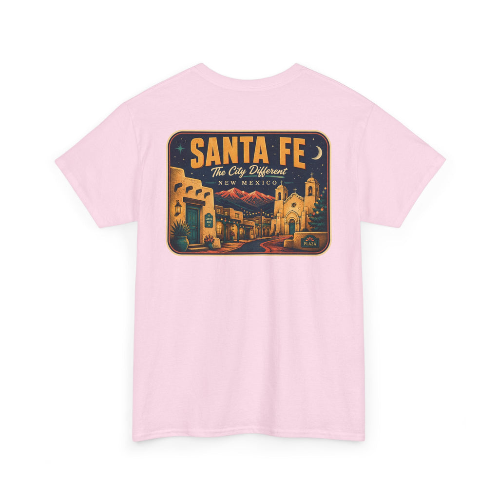 Light pink T-shirt with Santa Fe vintage luggage tag graphic on chest