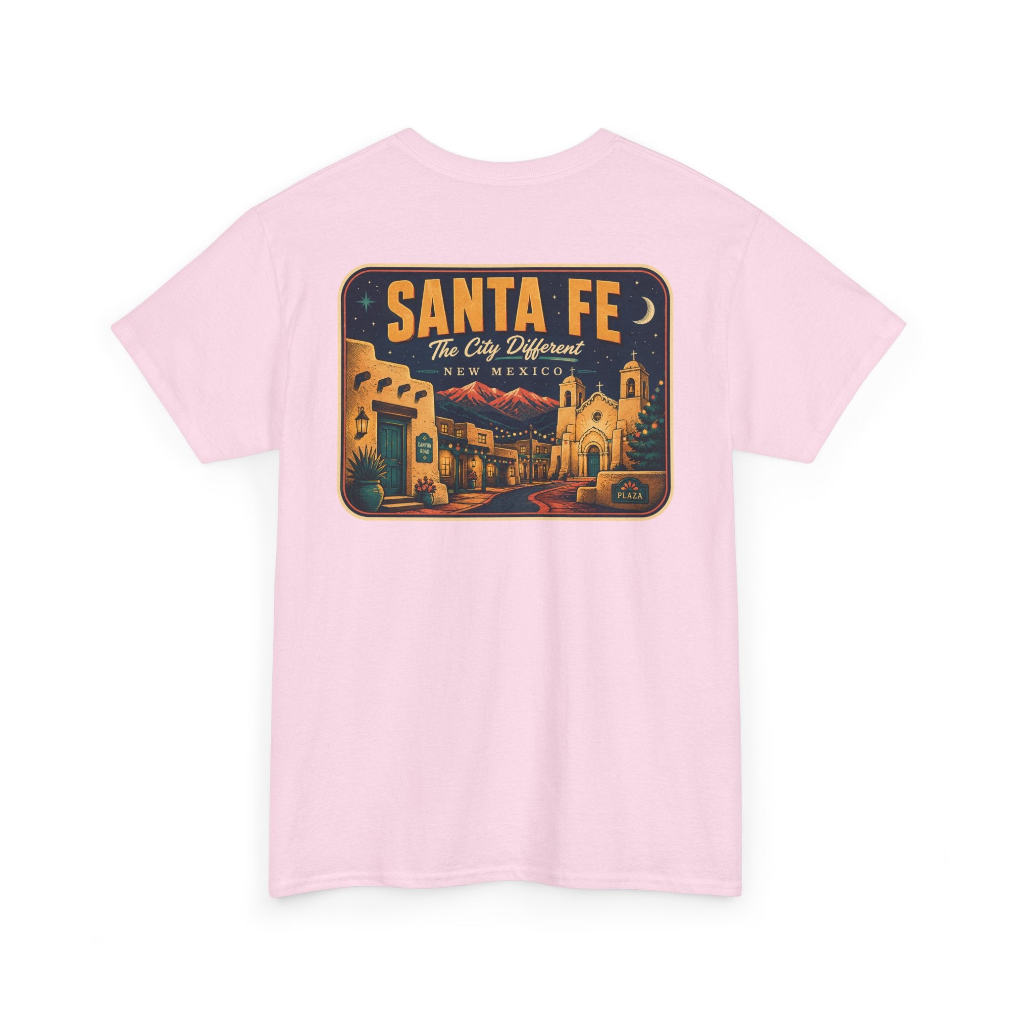 Light pink T-shirt with Santa Fe vintage luggage tag graphic on chest