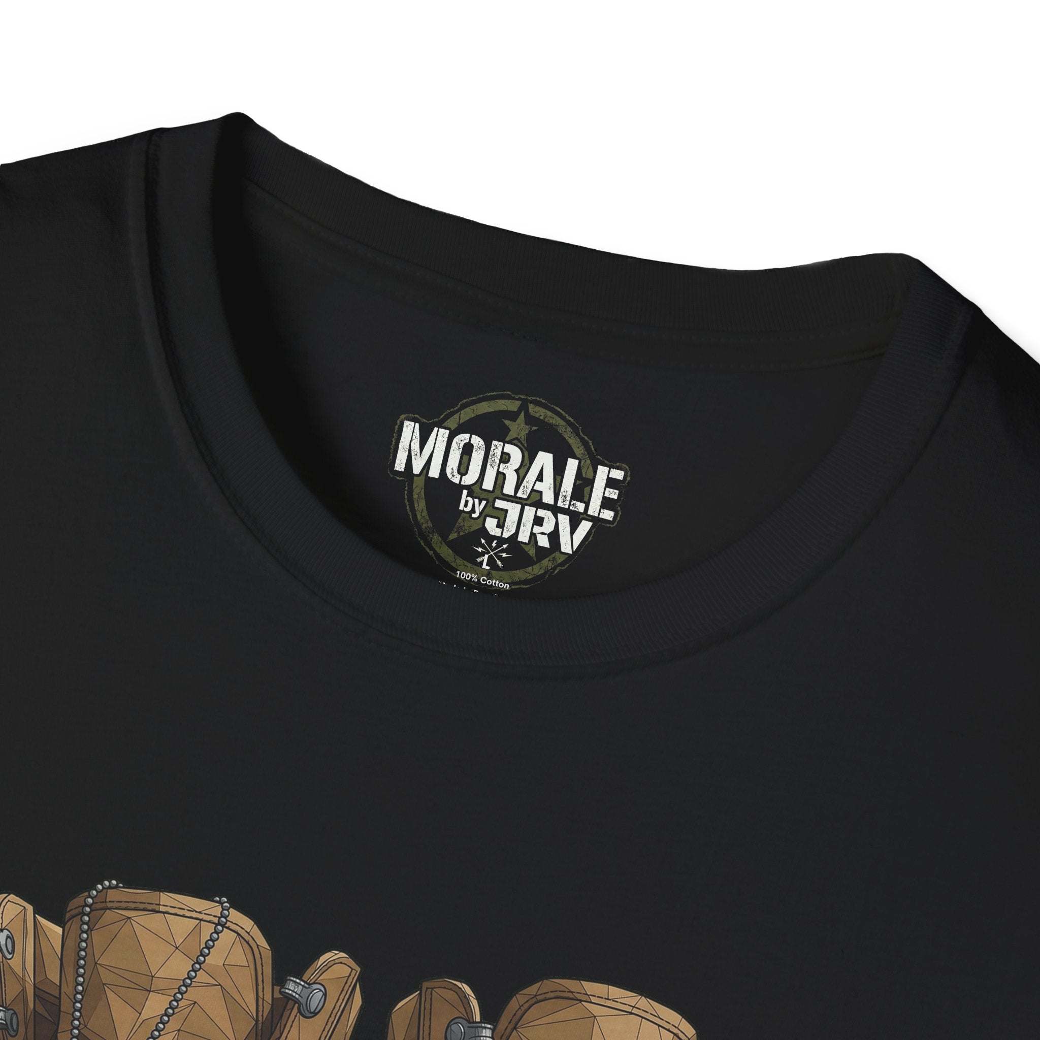 Worn Leather Combat Boots T-Shirt, black—“MORALE by TRIV” neck logo