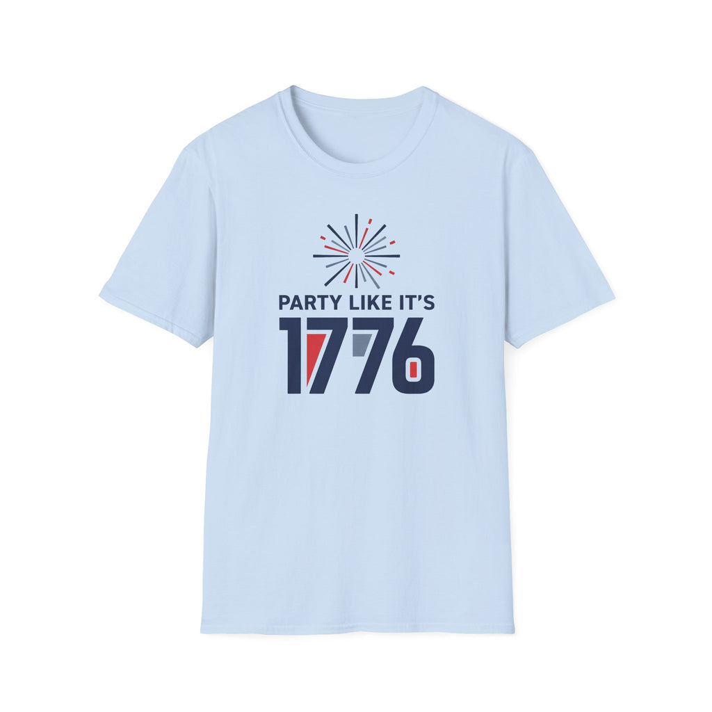 Light blue crewneck T-shirt with '1776' fireworks-style emblem