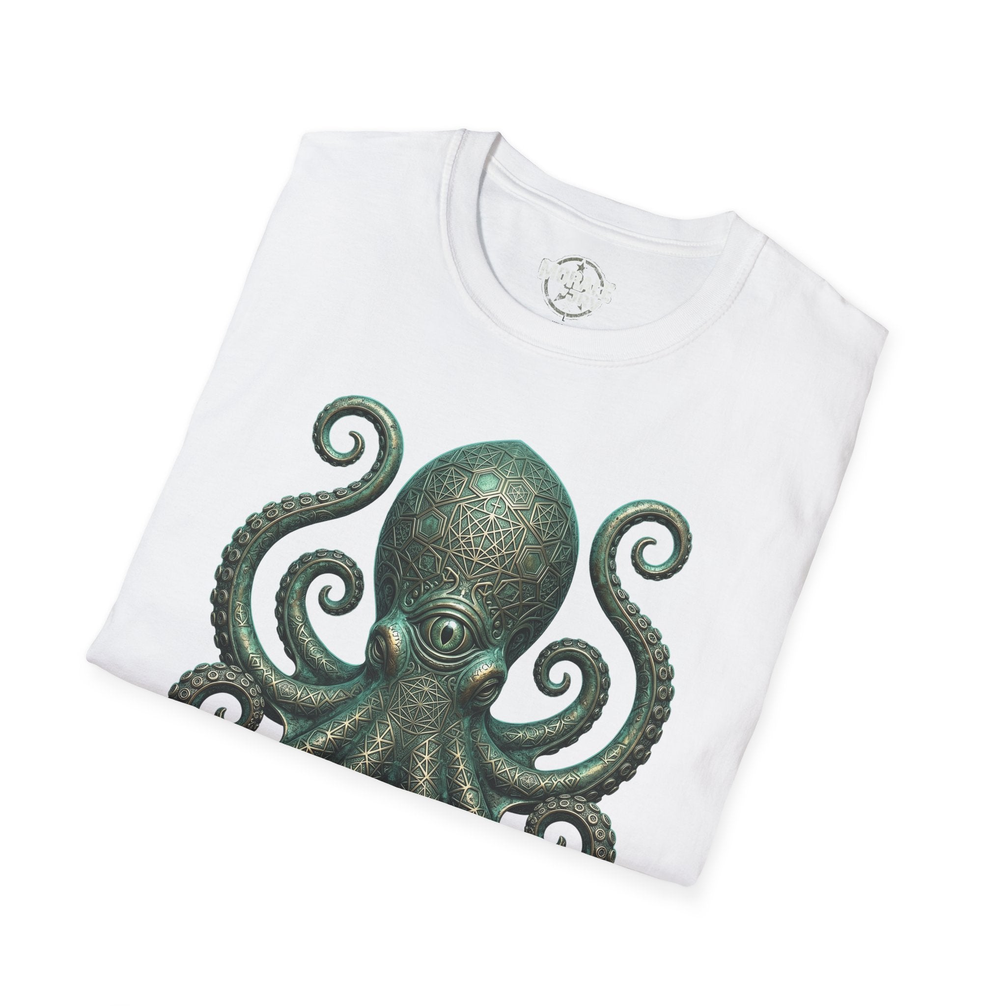 Weißes Kraken-Octopus T-Shirt (Vintage), grünes Frontmotiv, Stoff gefaltet