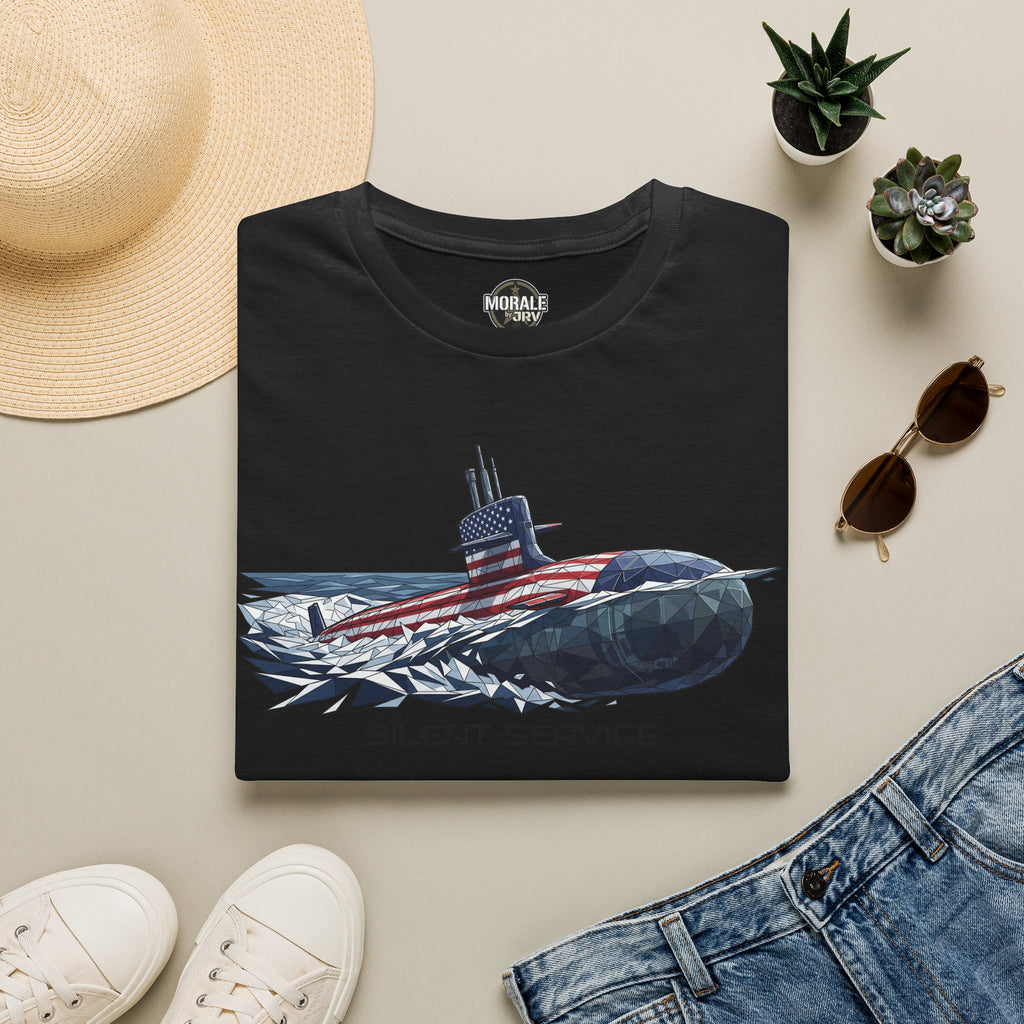 Black t-shirt with submarine and American flag graphic, “SILENT SERVICE” print on chest.