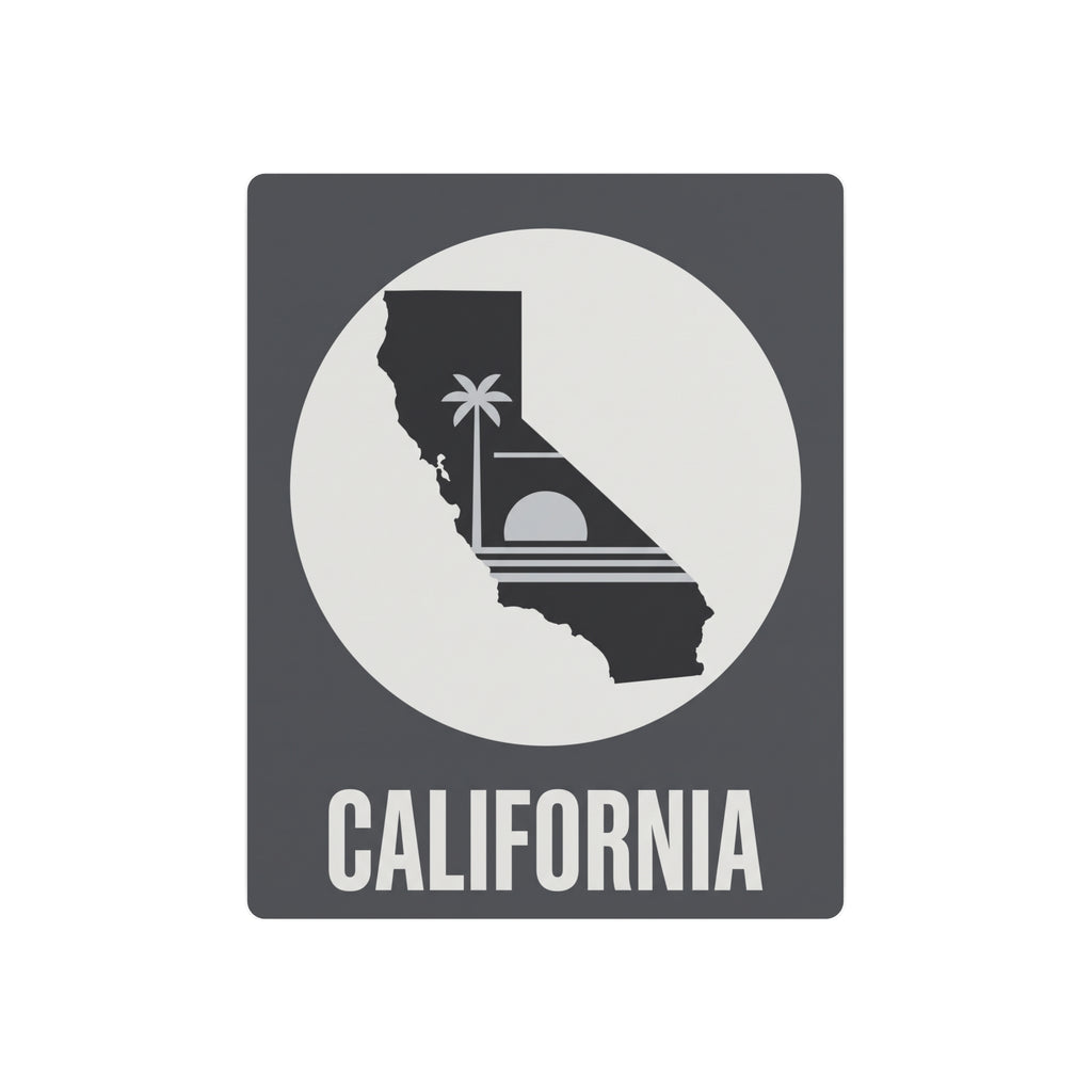 California silhouette metal wall sign with palm tree, striped rays and 'CALIFORNIA' text