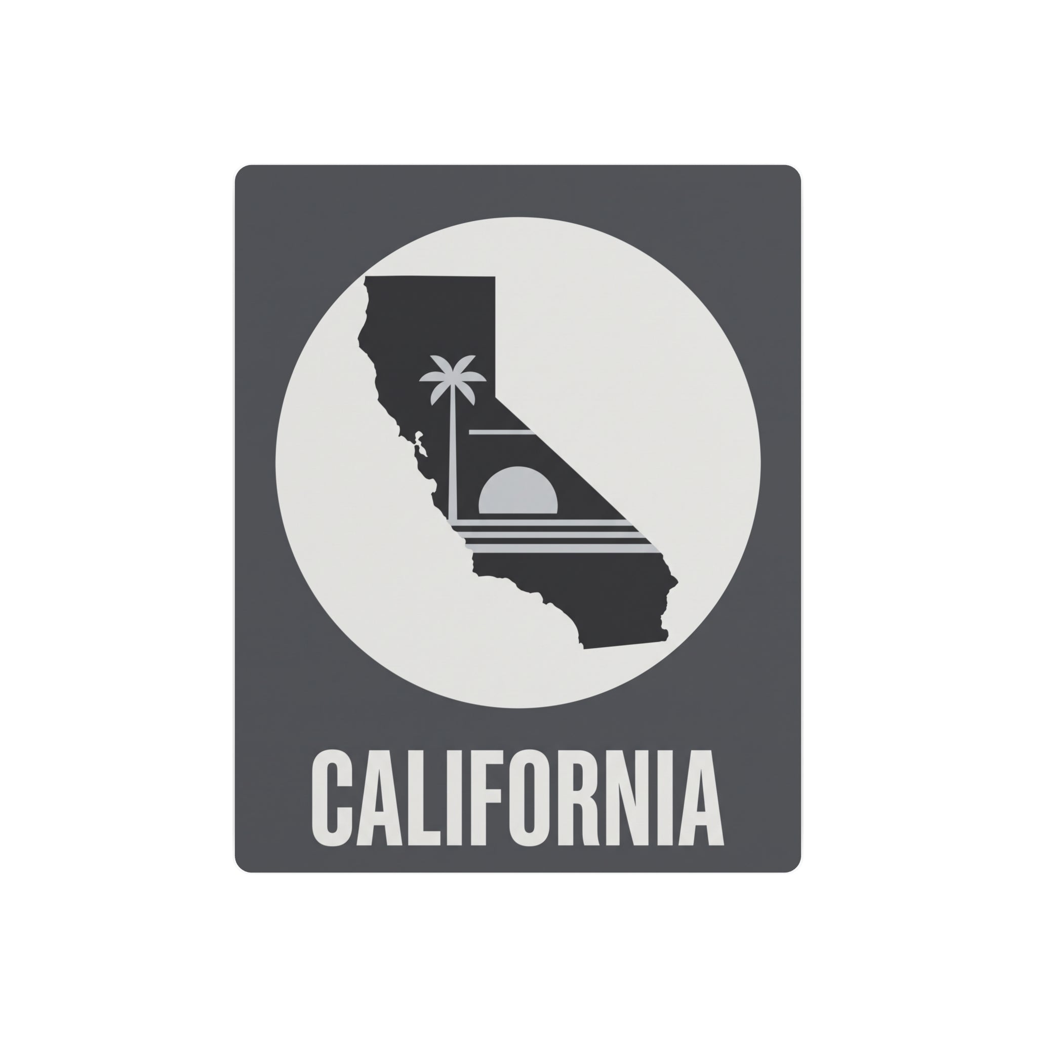 California silhouette metal wall sign with palm tree, striped rays and 'CALIFORNIA' text