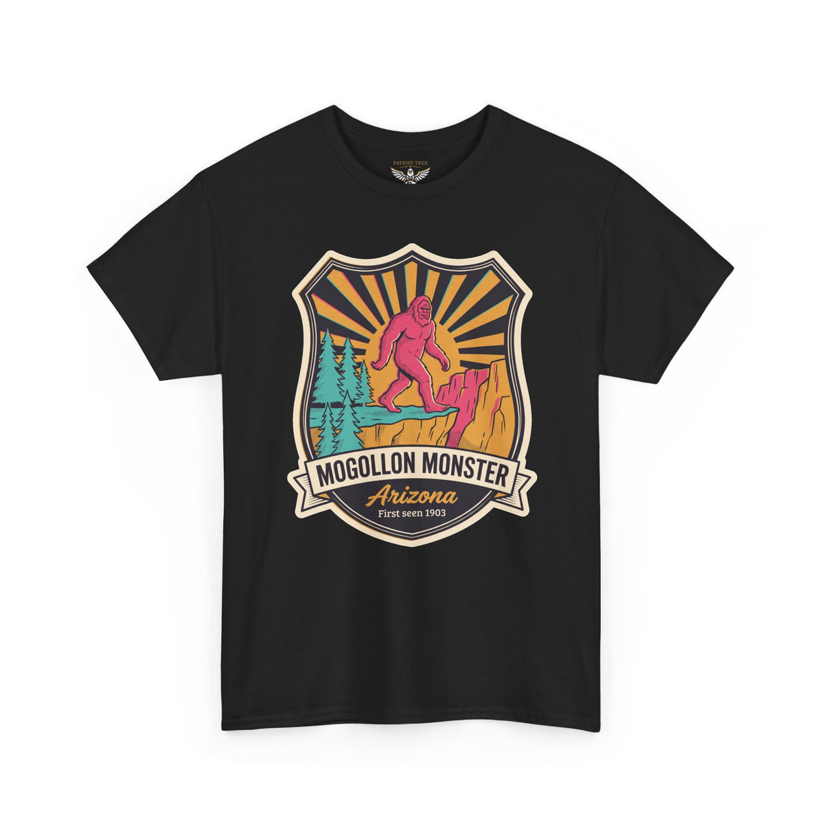 Black t-shirt with colorful monster badge graphic on the chest.