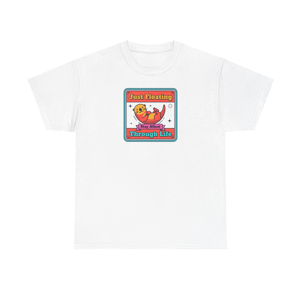 White crewneck T-shirt with framed otter graphic and text on chest