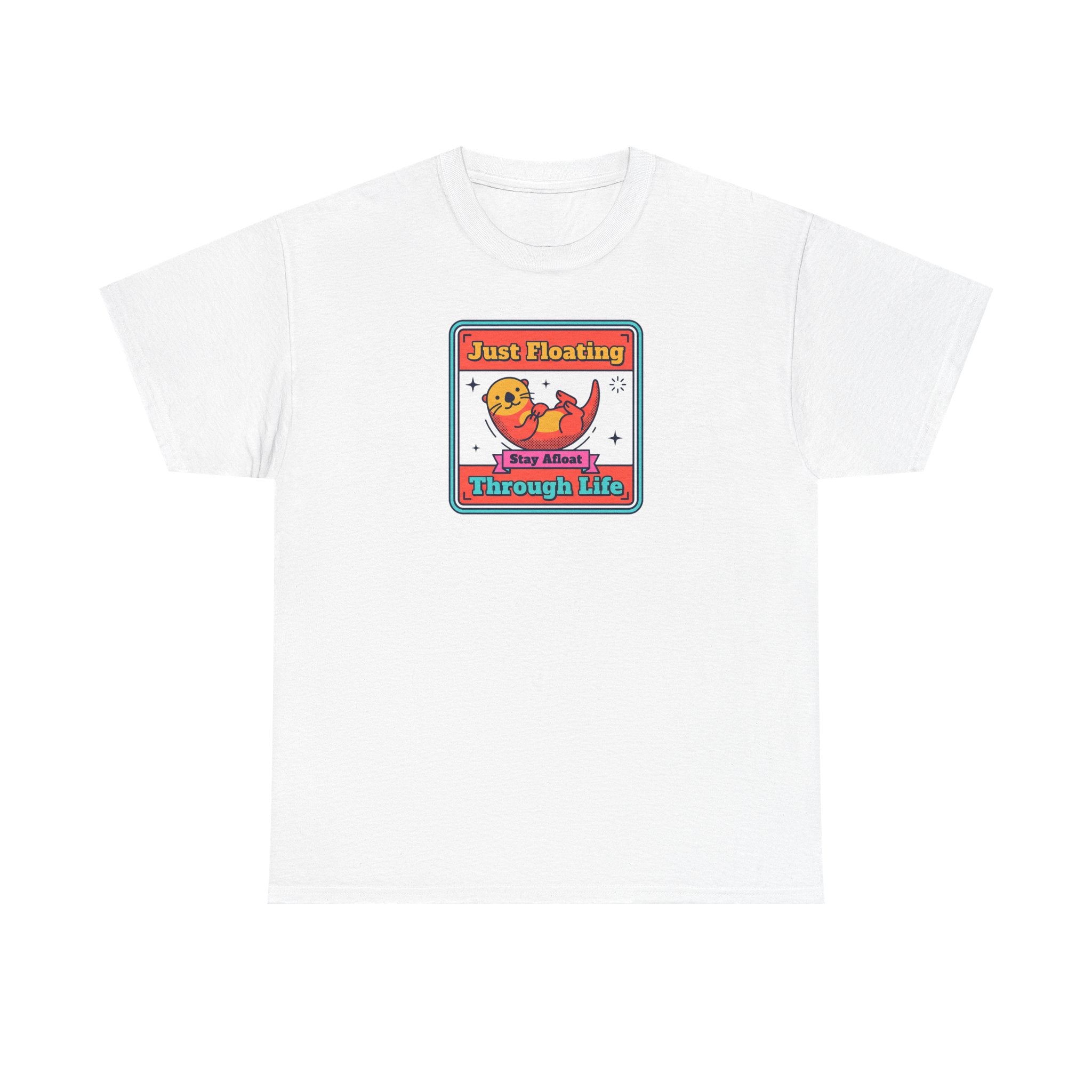 White crewneck T-shirt with framed otter graphic and text on chest