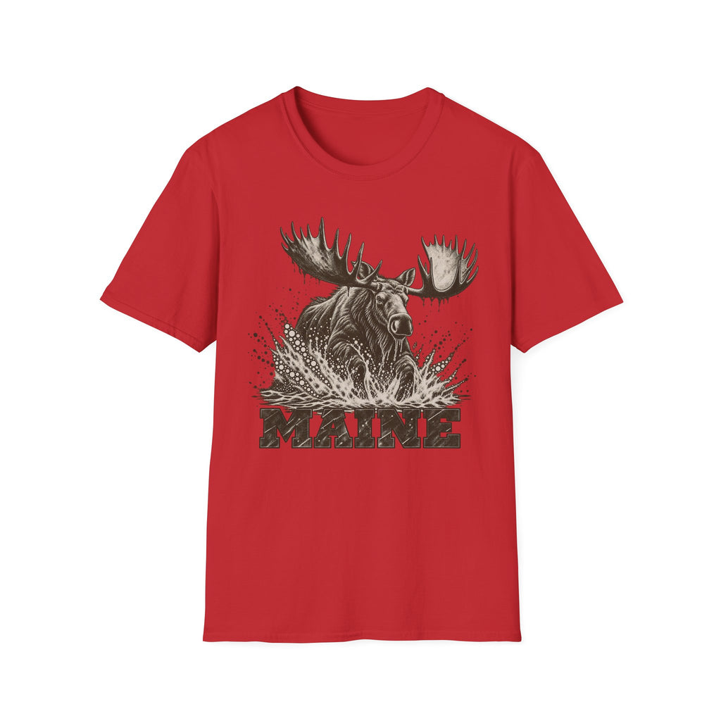 Red moose graphic t-shirt with antlers splash and “MAINE” text