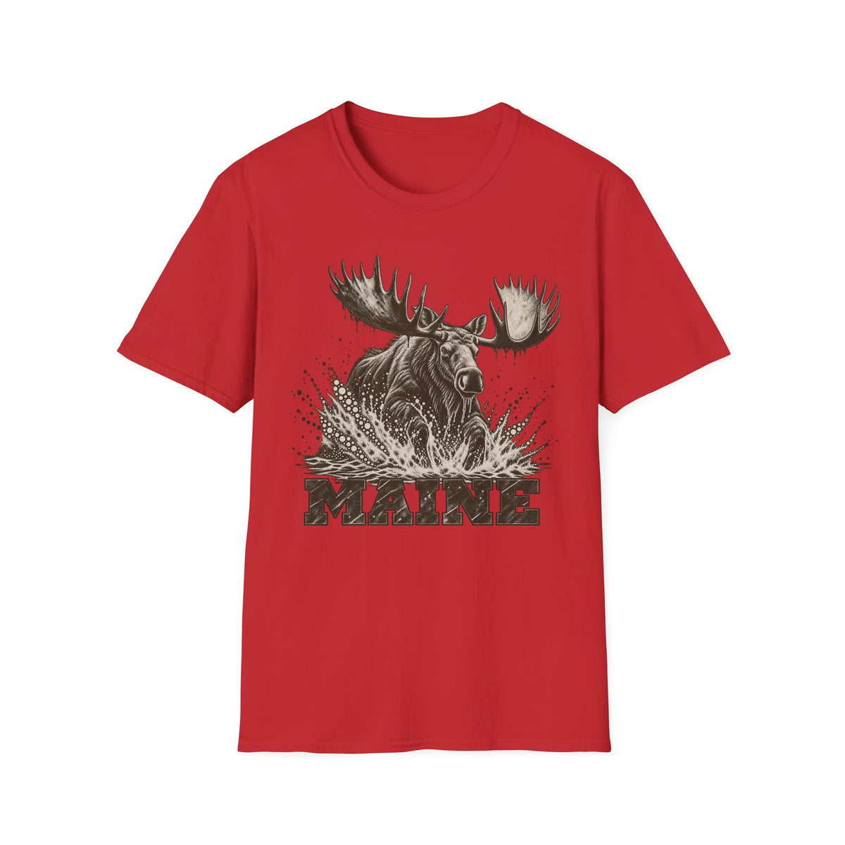 Red moose graphic t-shirt with antlers splash and “MAINE” text