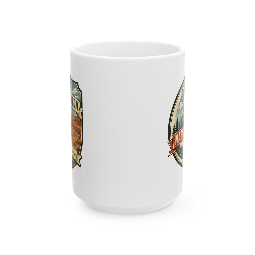 White ceramic mug, alternate side view with Grand Canyon shield graphic
