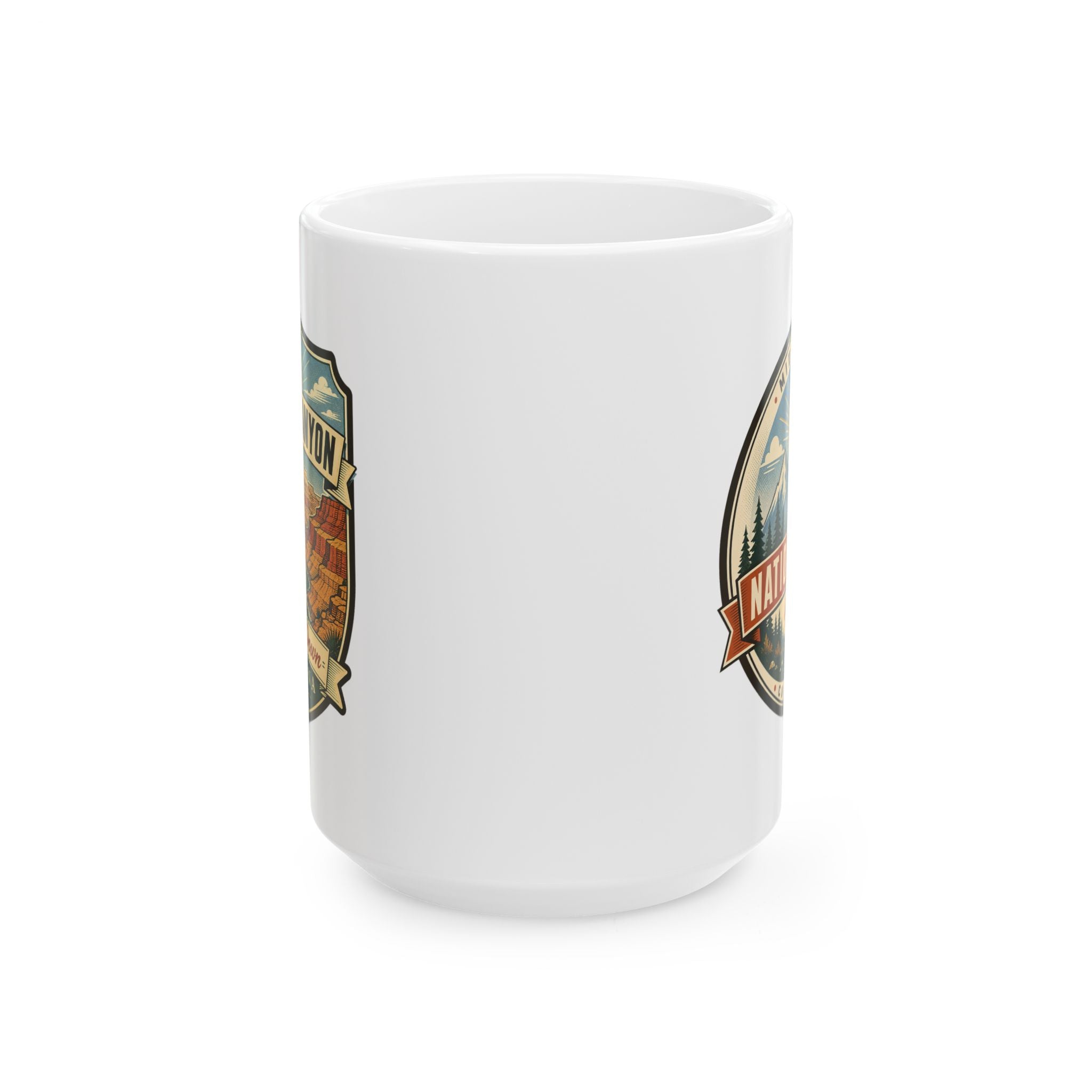White ceramic mug, alternate side view with Grand Canyon shield graphic