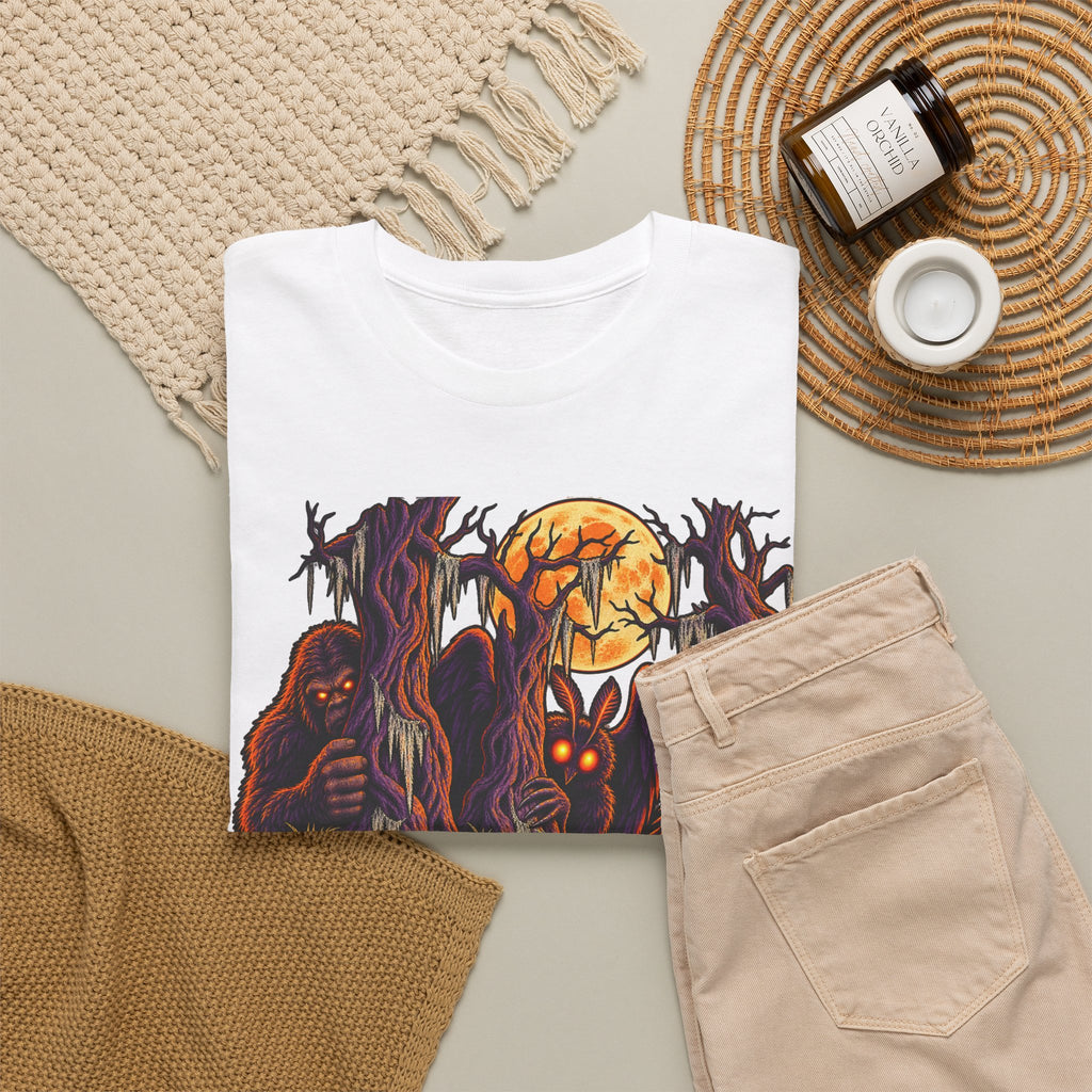 White Halloween monster graphic T-shirt with haunted forest monster scene