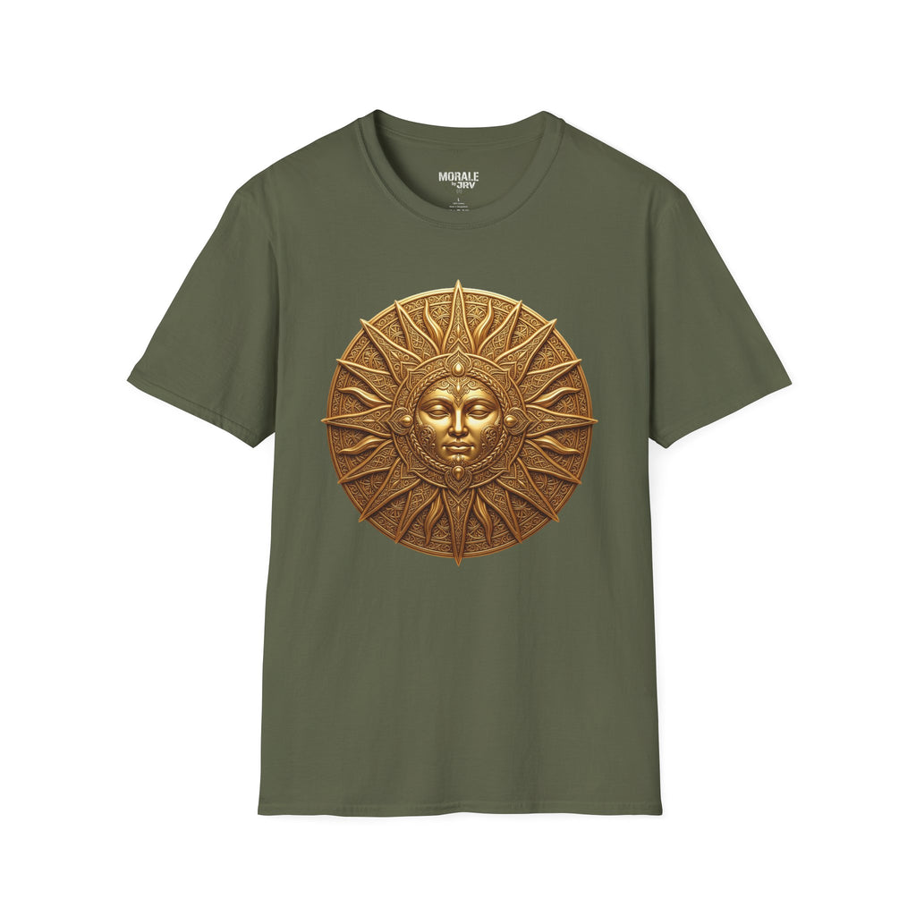 Bronze Sun Face medallion T-shirt, military green tee with gold sunburst face artwork