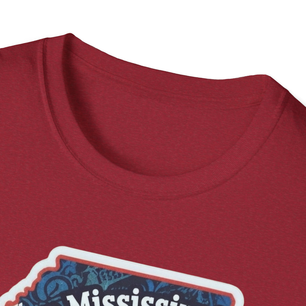 I am Mississippi T-shirt, dark red crew neck, close-up of chest graphic edge
