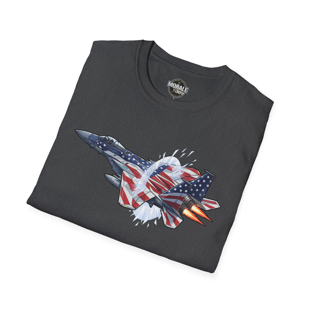 T-shirt gris foncé avec jet de chasse stylisé et drapeau USA