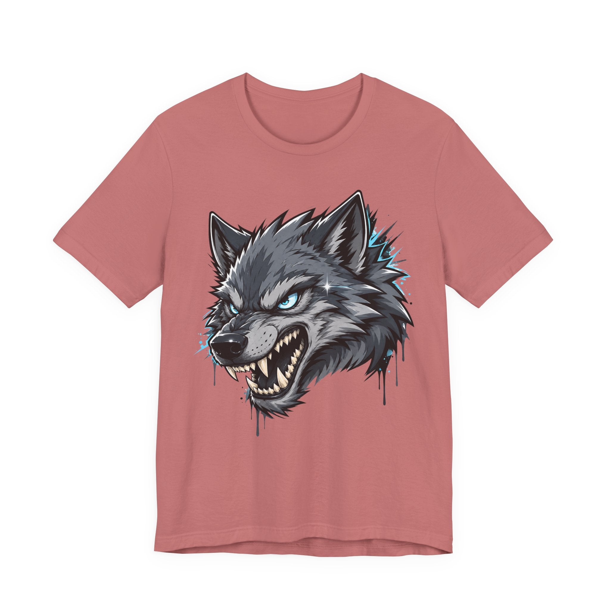 Dusty rose T-shirt with snarling wolf head graphic, blue-green accents and drips.