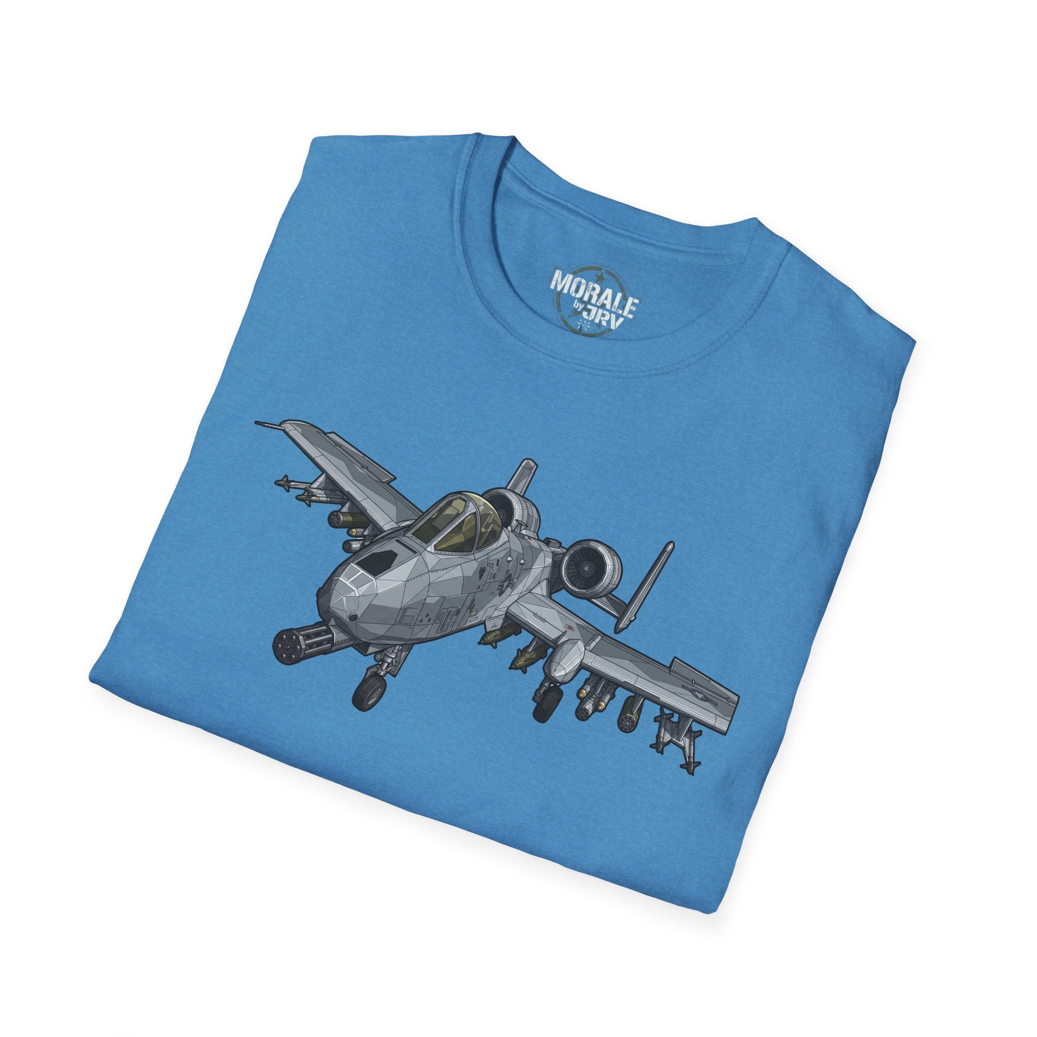 Blue T-shirt with large jet aircraft graphic on the front