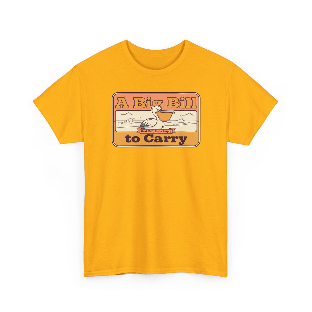 Mustard T-shirt with 'A Big Bill to Carry' retro pelican graphic