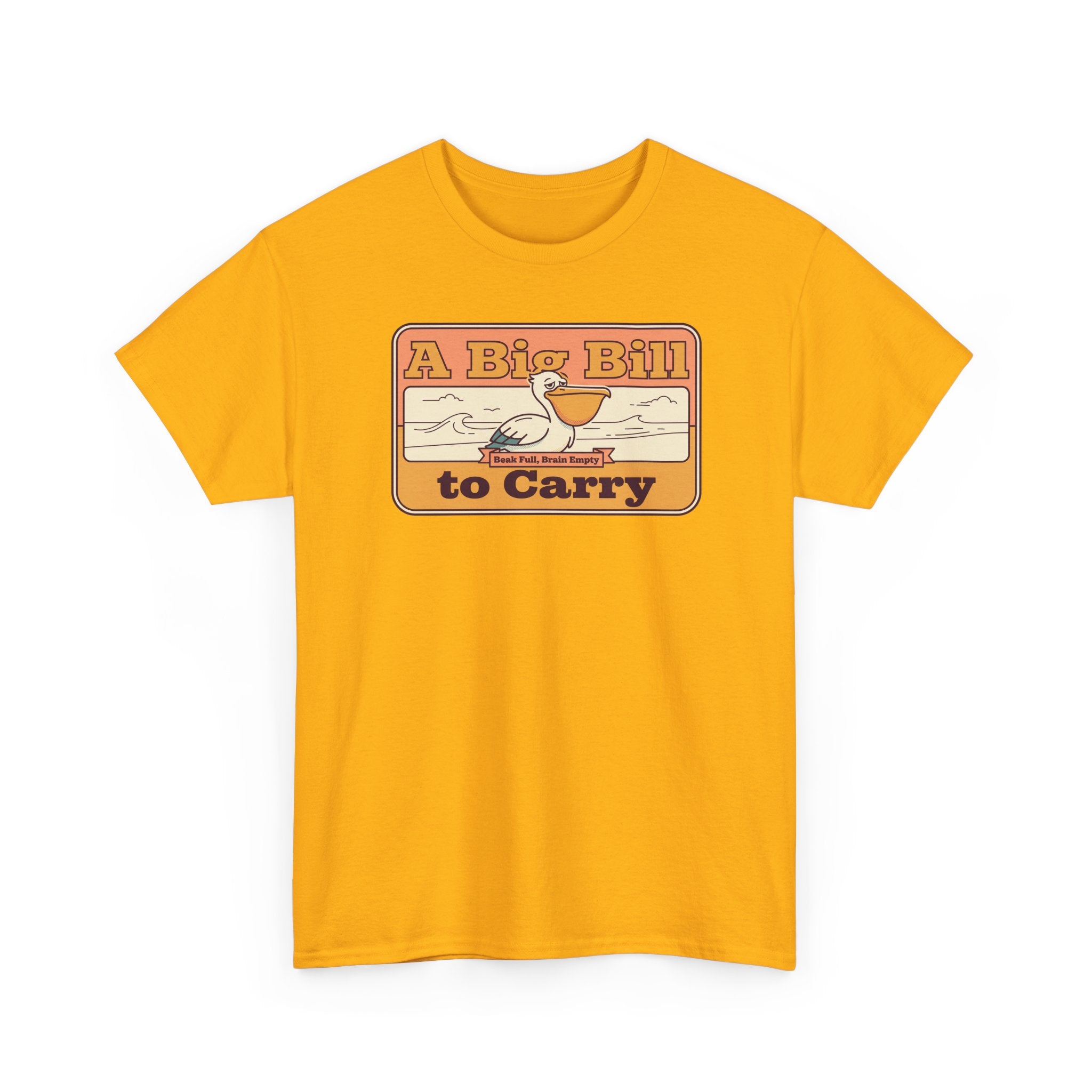 Mustard T-shirt with 'A Big Bill to Carry' retro pelican graphic