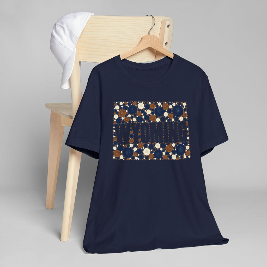 Navy T-shirt with Wyoming polka-dot map graphic in navy, brown, and gold