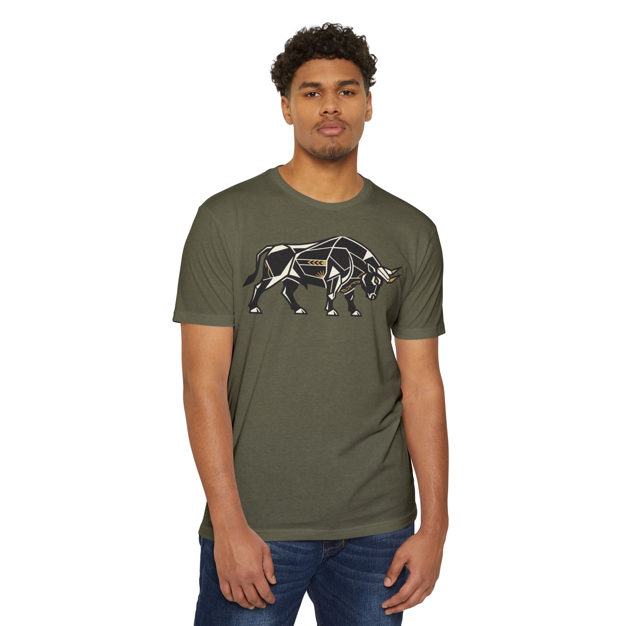 T-shirt, dark olive green, crew neck with geometric charging bull graphic